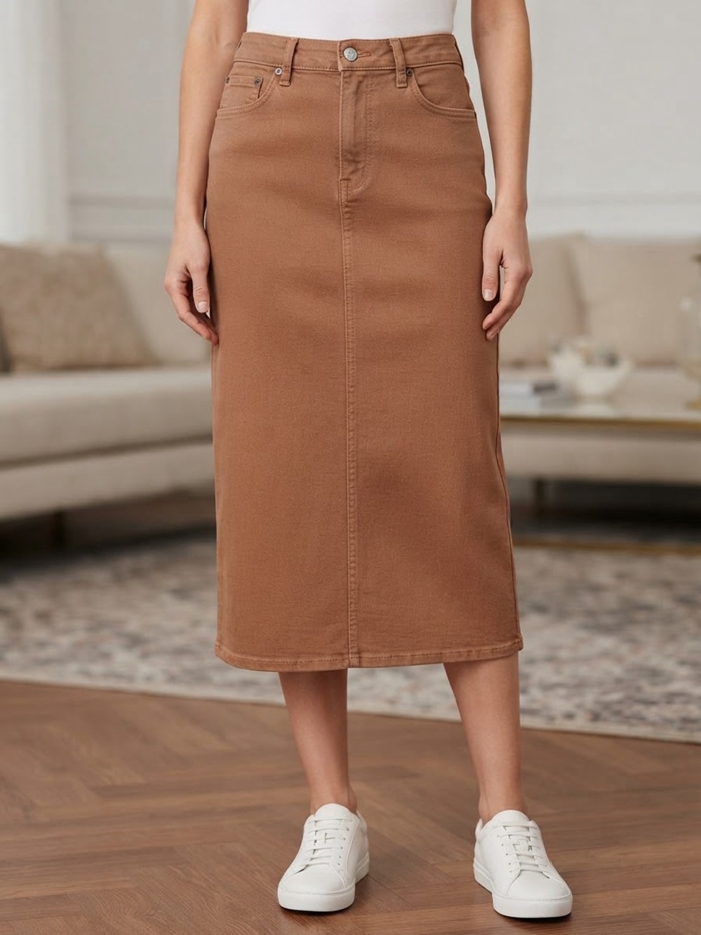 Banana Republic Camel Mauve Brown High-Rise Straight Midi Denim Skirt